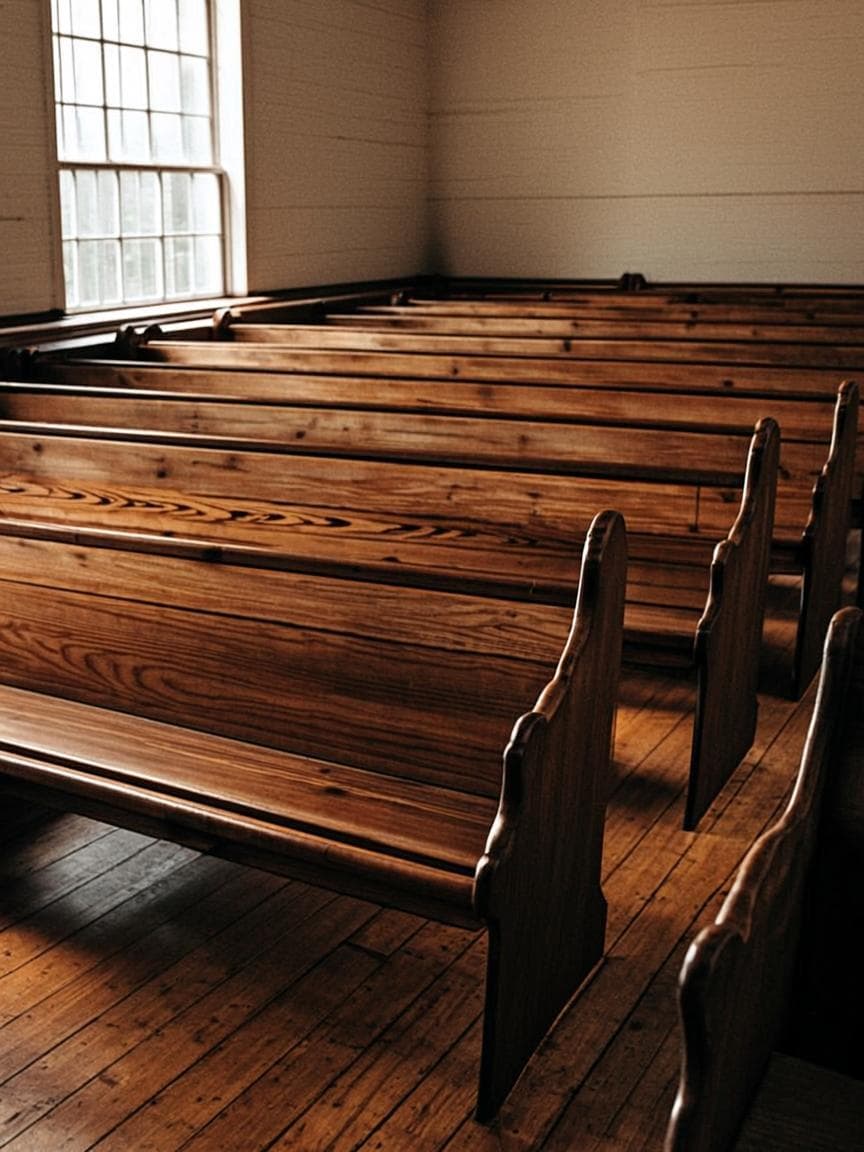 Warm light through a stained glass window onto wooden pews — sample photograph